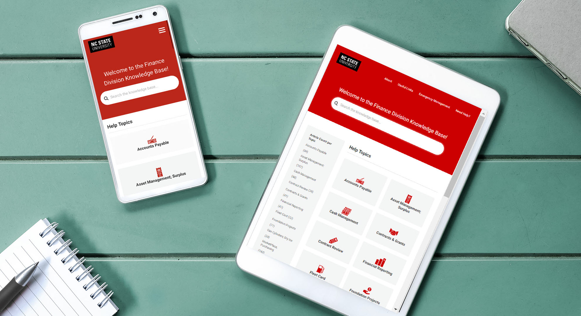 tablet and mobile phone displaying finance division knowledge base